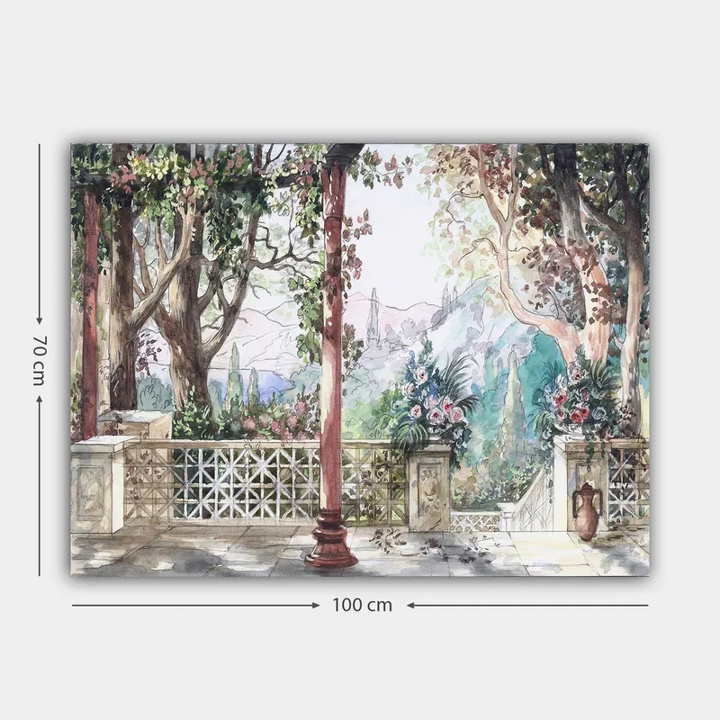 Canvastavla 70x100 cm - Romantisk utsikt över en trädgård med blommor och pelare i en solig miljö - Grön / Rosa / Beige - Inredning & dekor - Tavlor & konst - Canvastavla