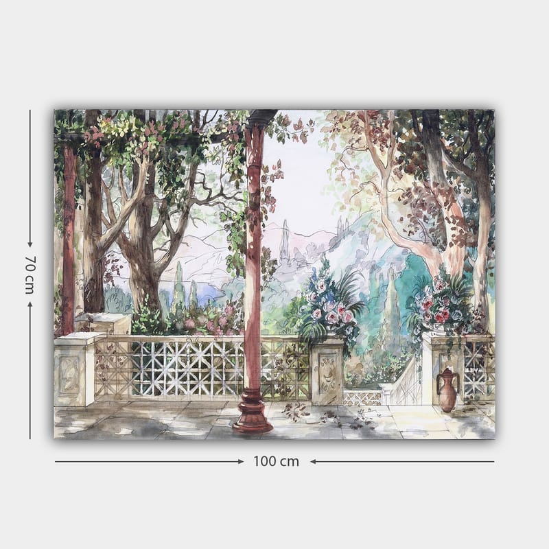 Canvastavla 70x100 cm - Romantisk utsikt över en trädgård med blommor och pelare i en solig miljö - Grön / Rosa / Beige - Inredning & dekor - Tavlor & konst - Canvastavla