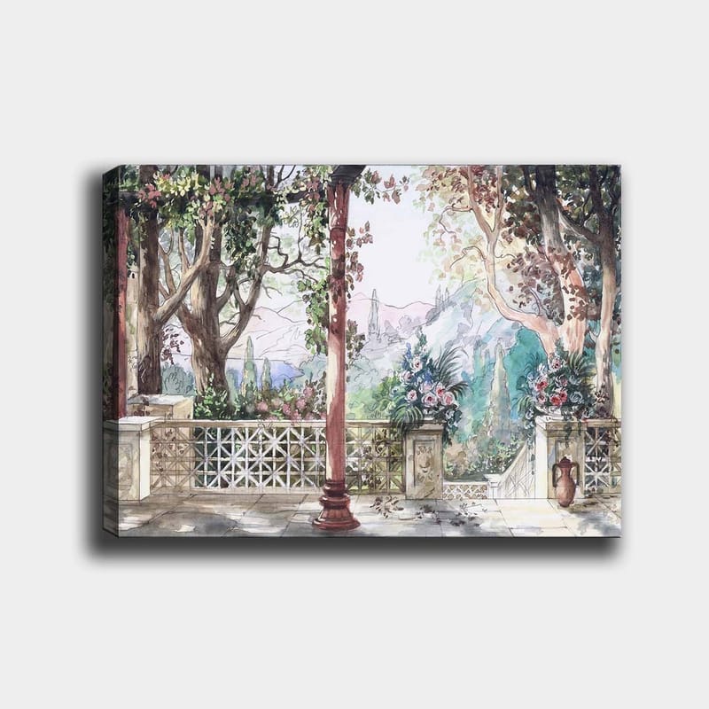 Canvastavla 70x100 cm - Romantisk utsikt över en trädgård med blommor och pelare i en solig miljö - Grön / Rosa / Beige - Inredning & dekor - Tavlor & konst - Canvastavla