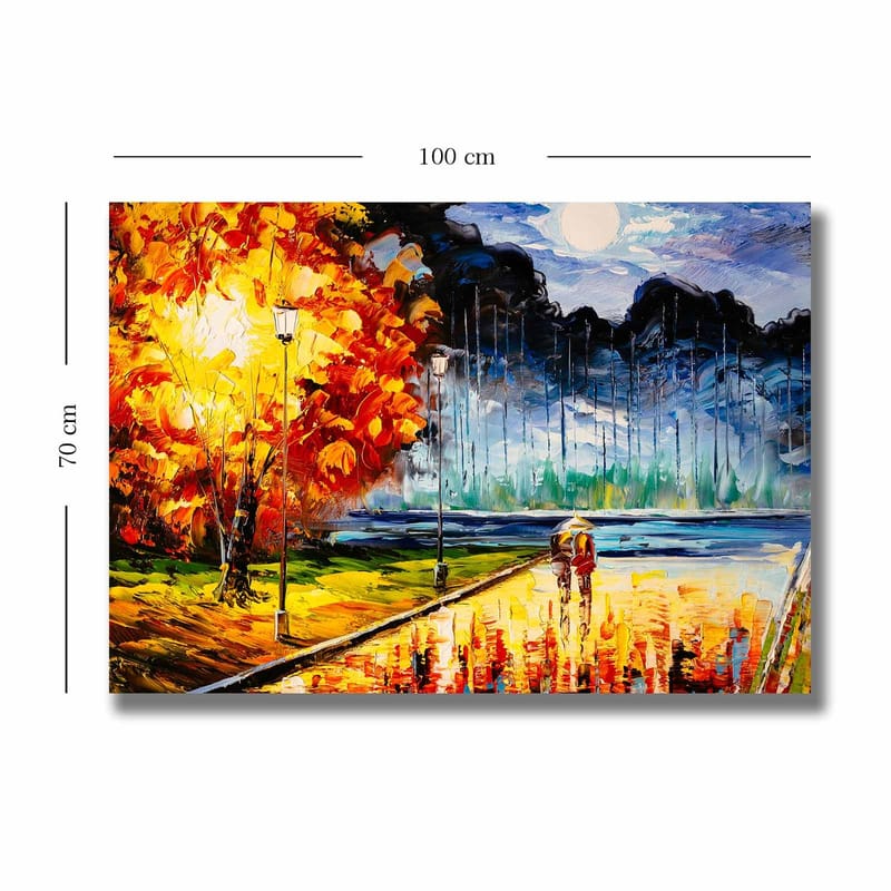 Canvastavla 70x100 cm - Romantisk promenad under en månbelyst himmel med färgglada höstträd - Orange / Blå / Röd - Inredning & dekor - Tavlor & konst - Canvastavla