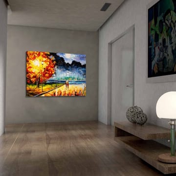 Canvastavla 70x100 cm - Romantisk promenad under en månbelyst himmel med färgglada höstträd - Orange / Blå / Röd - Inredning & dekor - Tavlor & konst - Canvastavla