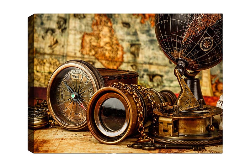 Canvastavla 70x100 cm - Samling av antika navigationsverktyg och en glob som symboliserar utforskning och äventyr, Brons / Svart / Beige