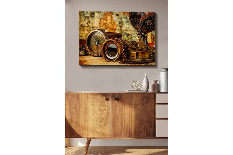 Canvastavla 70x100 cm - Samling av antika navigationsverktyg och en glob som symboliserar utforskning och äventyr - Brons / Svart / Beige - Inredning & dekor - Tavlor & konst - Canvastavla