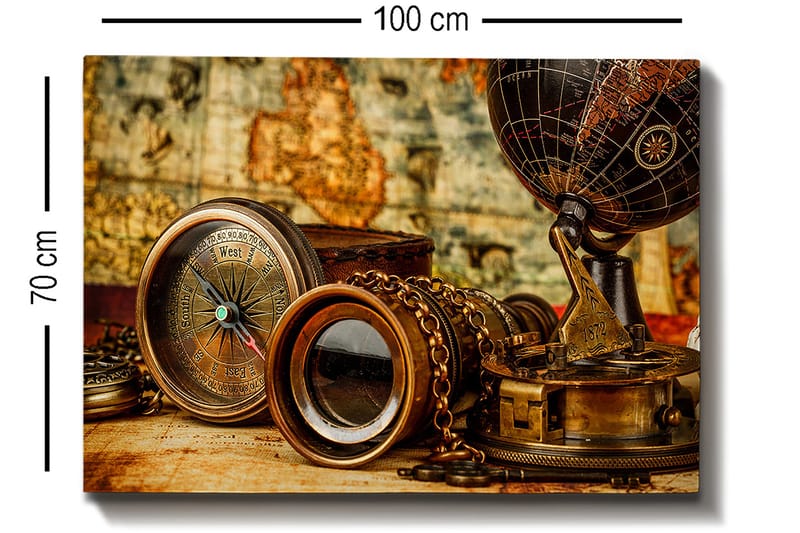 Canvastavla 70x100 cm - Samling av antika navigationsverktyg och en glob som symboliserar utforskning och äventyr - Brons / Svart / Beige - Inredning & dekor - Tavlor & konst - Canvastavla