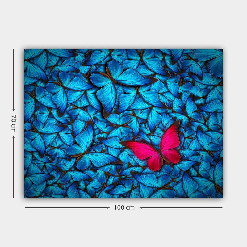 Canvastavla 70x100 cm - Samling av blå fjärilar med en framträdande rosa fjäril i mitten - Blå / Rosa - Inredning & dekor - Tavlor & konst - Canvastavla
