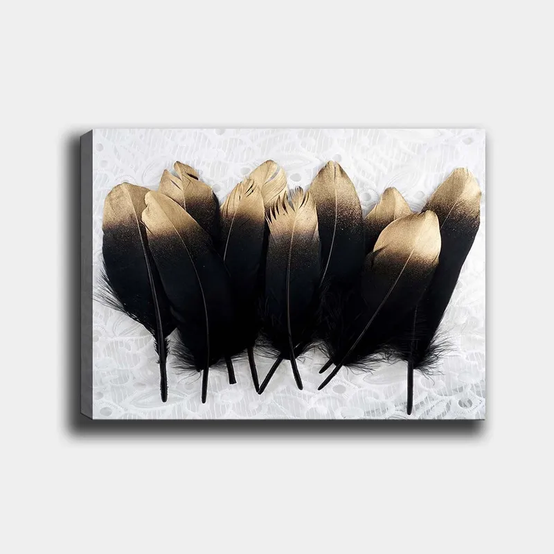 Canvastavla 70x100 cm - Samling av eleganta fjädrar i svart och guld, Svart / Guld