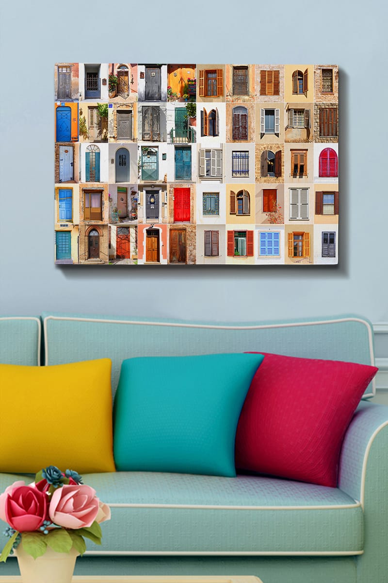 Canvastavla 70x100 cm - Samling av färgglada dörrar och fönster från olika byggnader som skapar en livfull och varierad komposition - Blå / Röd / Brun - Inredning & dekor - Tavlor & konst - Canvastavla
