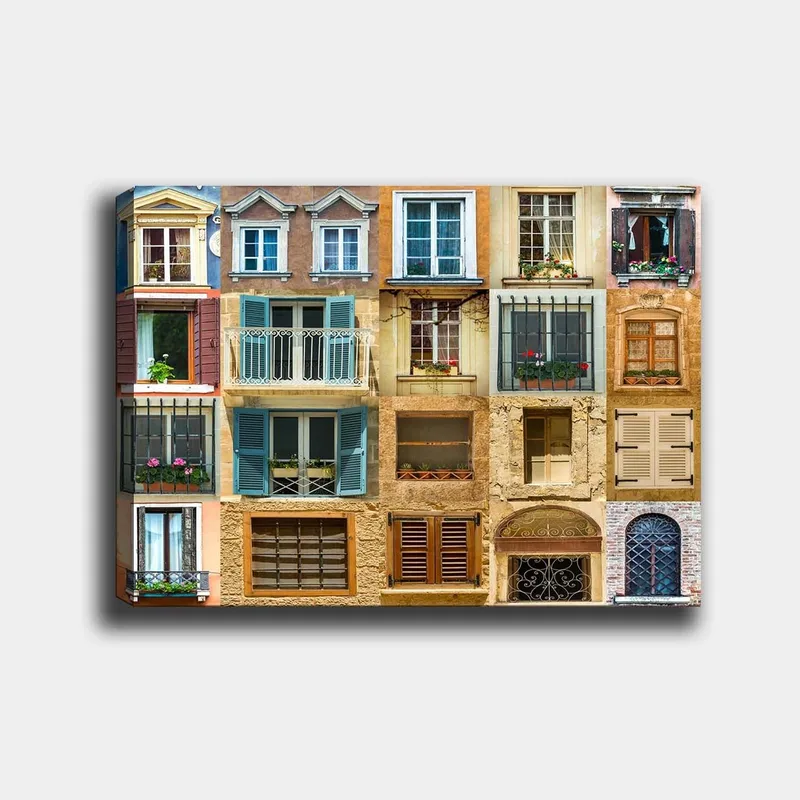 Canvastavla 70x100 cm - Samling av färgglada fönster och balkonger som visar olika arkitektoniska stilar - Guld / Blå / Terrakotta - Inredning & dekor - Tavlor & konst - Canvastavla