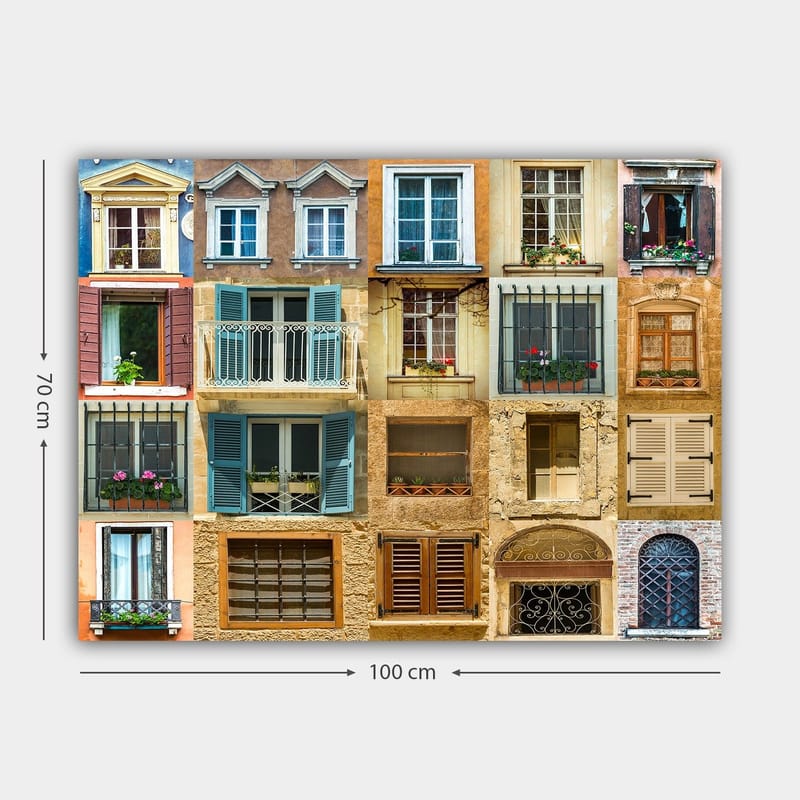 Canvastavla 70x100 cm - Samling av färgglada fönster och balkonger som visar olika arkitektoniska stilar - Guld / Blå / Terrakotta - Inredning & dekor - Tavlor & konst - Canvastavla