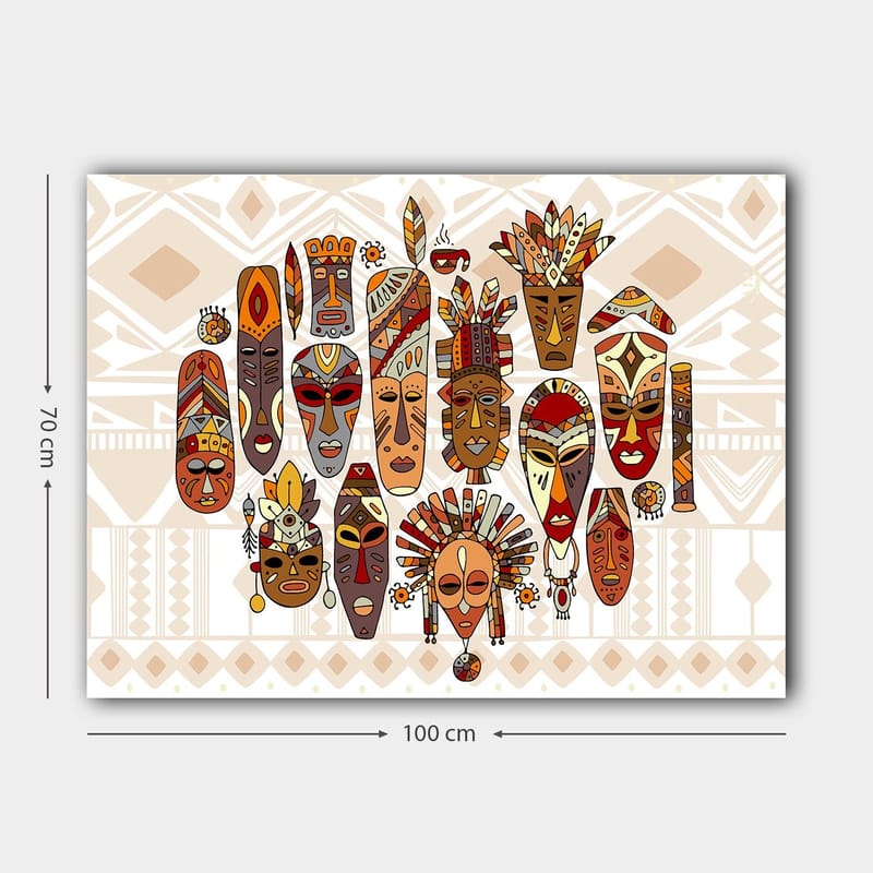 Canvastavla 70x100 cm - Samling av färgglada masker med olika ansiktsuttryck och detaljerade dekorationer - Röd / Brun / Beige - Inredning & dekor - Tavlor & konst - Canvastavla