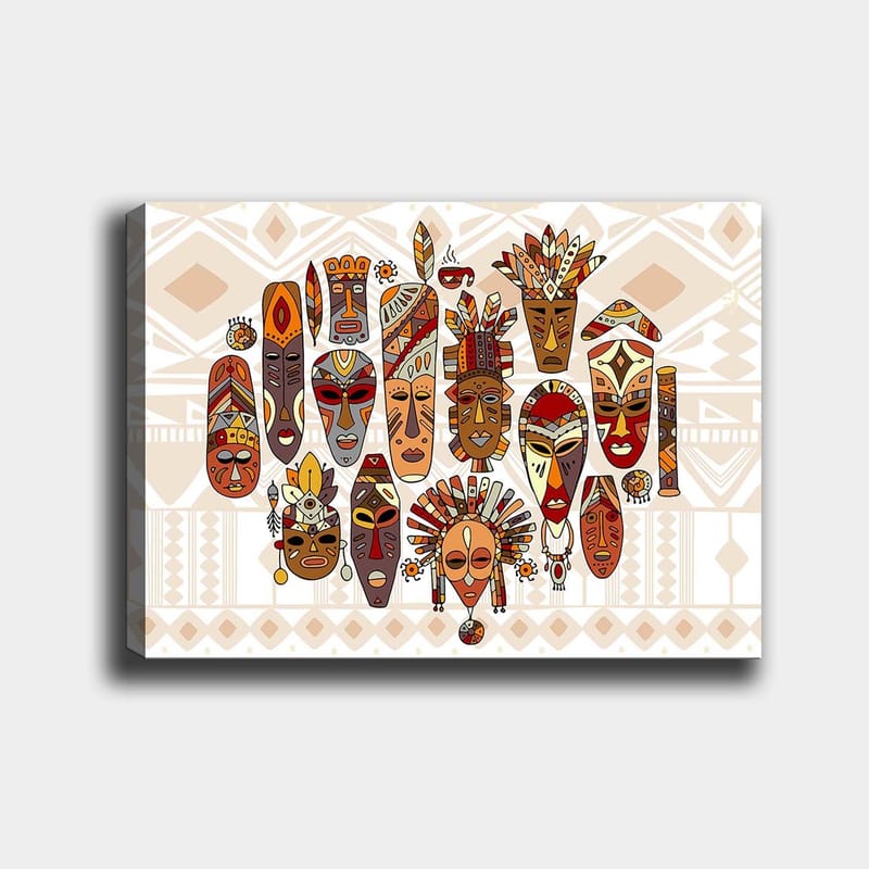Canvastavla 70x100 cm - Samling av färgglada masker med olika ansiktsuttryck och detaljerade dekorationer - Röd / Brun / Beige - Inredning & dekor - Tavlor & konst - Canvastavla