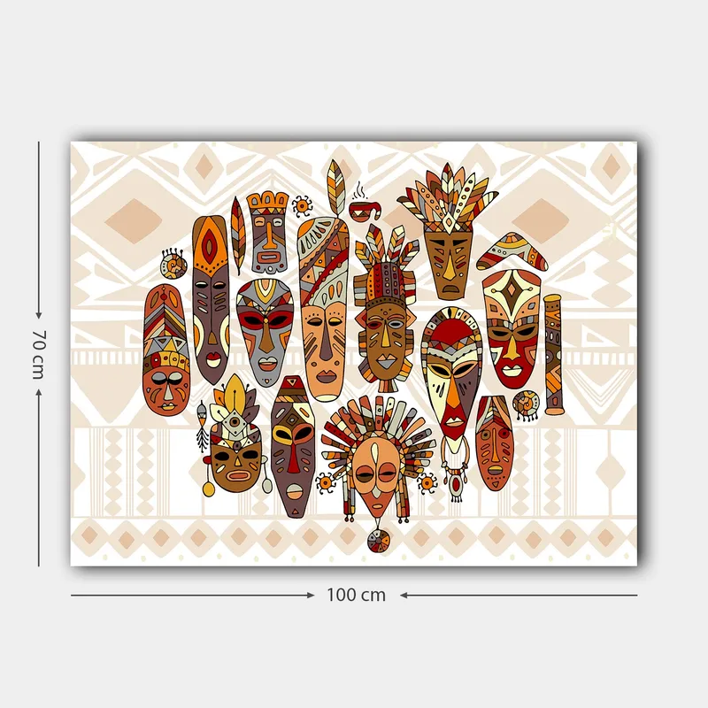 Canvastavla 70x100 cm - Samling av färgglada masker med olika ansiktsuttryck och detaljerade dekorationer - Röd / Brun / Beige - Inredning & dekor - Tavlor & konst - Canvastavla
