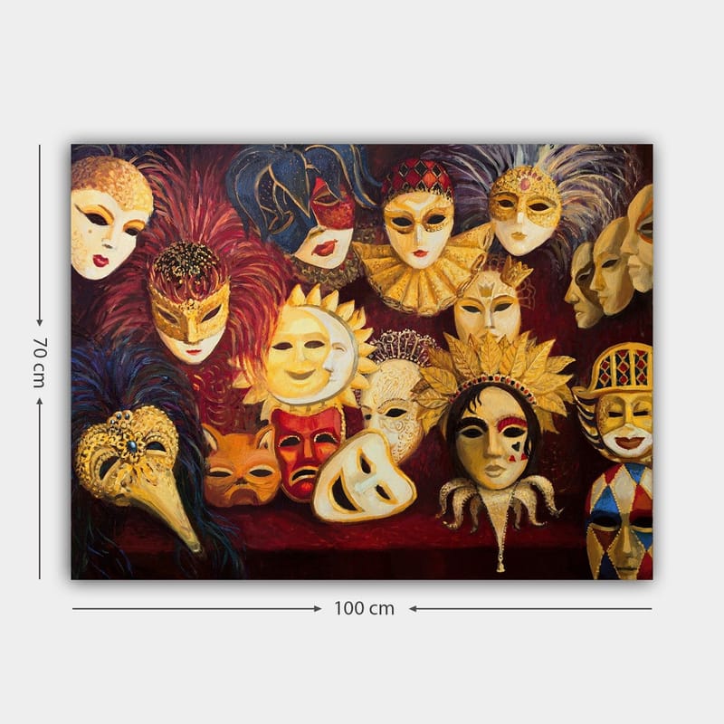 Canvastavla 70x100 cm - Samling av färgglada masker med olika uttryck och detaljer - Guld / Röd / Svart - Inredning & dekor - Tavlor & konst - Canvastavla