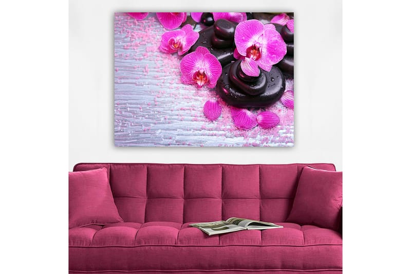 Canvastavla 70x100 cm - Samling av lila orkidéer och svarta stenar på en ljus bakgrund - Lila / Svart - Inredning & dekor - Tavlor & konst - Canvastavla
