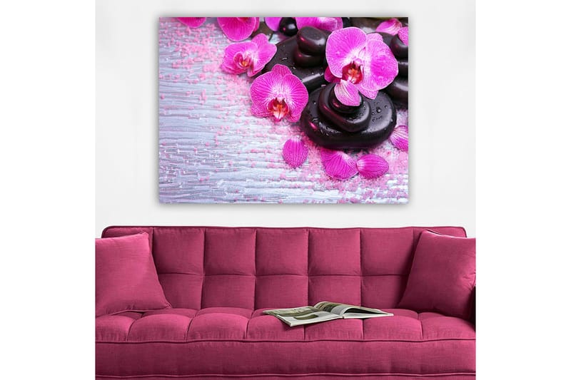 Canvastavla 70x100 cm - Samling av lila orkidéer och svarta stenar på en ljus bakgrund - Lila / Svart - Inredning & dekor - Tavlor & konst - Canvastavla