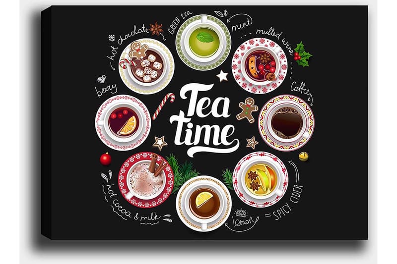 Canvastavla 70x100 cm - Samling av olika te- och kaffedrycker presenterade i skålar med dekorationer - Röd / Vit / Grön - Inredning & dekor - Tavlor & konst - Canvastavla