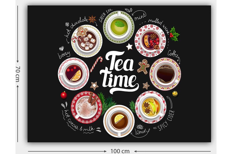 Canvastavla 70x100 cm - Samling av olika te- och kaffedrycker presenterade i skålar med dekorationer - Röd / Vit / Grön - Inredning & dekor - Tavlor & konst - Canvastavla