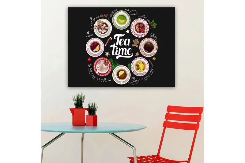 Canvastavla 70x100 cm - Samling av olika te- och kaffedrycker presenterade i skålar med dekorationer, Röd / Vit / Grön