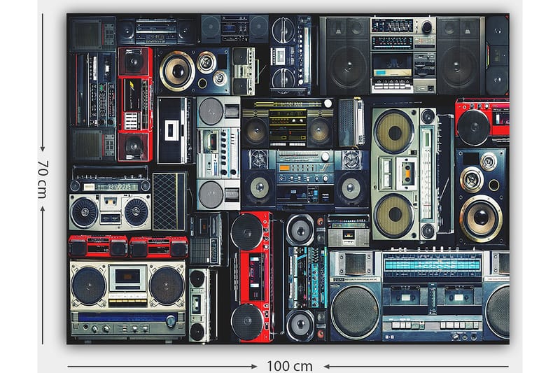 Canvastavla 70x100 cm - Samling av retro ljudsystem och kassettspelare i olika storlekar och former - Röd / Svart / Grå - Inredning & dekor - Tavlor & konst - Canvastavla