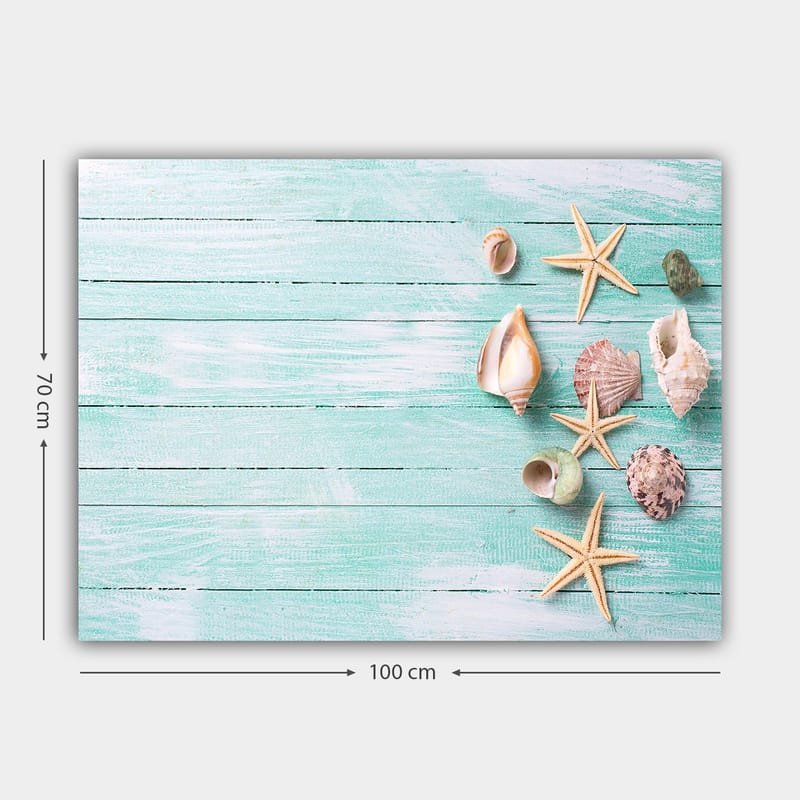 Canvastavla 70x100 cm - Samling av snäckor och sjöstjärnor på en ljusblå träyta - Ljusblå / Beige / Grön - Inredning & dekor - Tavlor & konst - Canvastavla