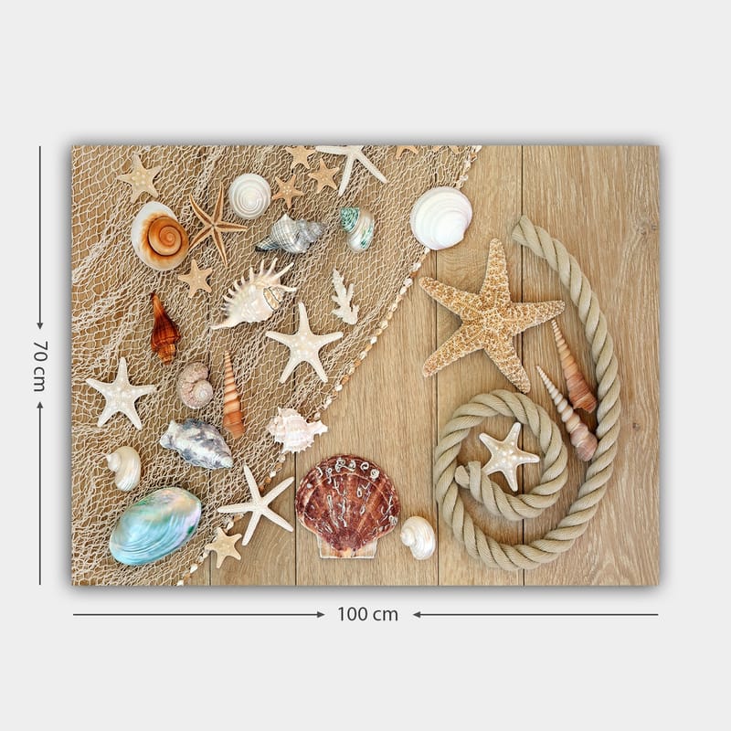 Canvastavla 70x100 cm - Samling av snäckor och sjöstjärnor på en träyta - Beige / Vit / Brun - Inredning & dekor - Tavlor & konst - Canvastavla