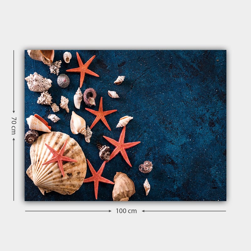 Canvastavla 70x100 cm - Samling av snäckor och sjöstjärnor på en djupblå yta - Djupblå / Röd / Beige - Inredning & dekor - Tavlor & konst - Canvastavla