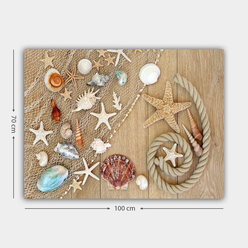 Canvastavla 70x100 cm - Samling av snäckor och sjöstjärnor på en träyta - Beige / Vit / Brun - Inredning & dekor - Tavlor & konst - Canvastavla