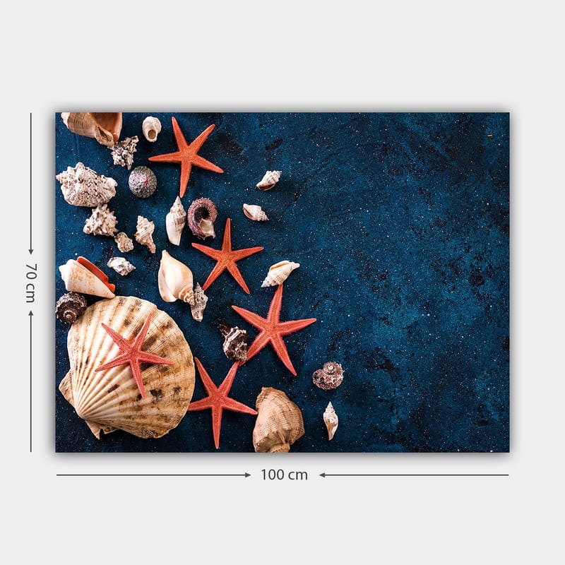 Canvastavla 70x100 cm - Samling av snäckor och sjöstjärnor på en djupblå yta - Djupblå / Röd / Beige - Inredning & dekor - Tavlor & konst - Canvastavla