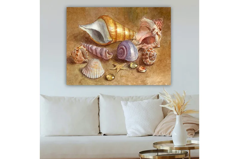 Canvastavla 70x100 cm - Samling av snäckor och stenar i mjuka, naturliga färger - Beige / Lila / Orange - Inredning & dekor - Tavlor & konst - Canvastavla