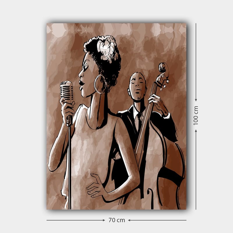 Canvastavla 70x100 cm - Sångerska framför en mikrofon med en basist i bakgrunden - Mörkbrun / Beige / Svart - Inredning & dekor - Tavlor & konst - Canvastavla