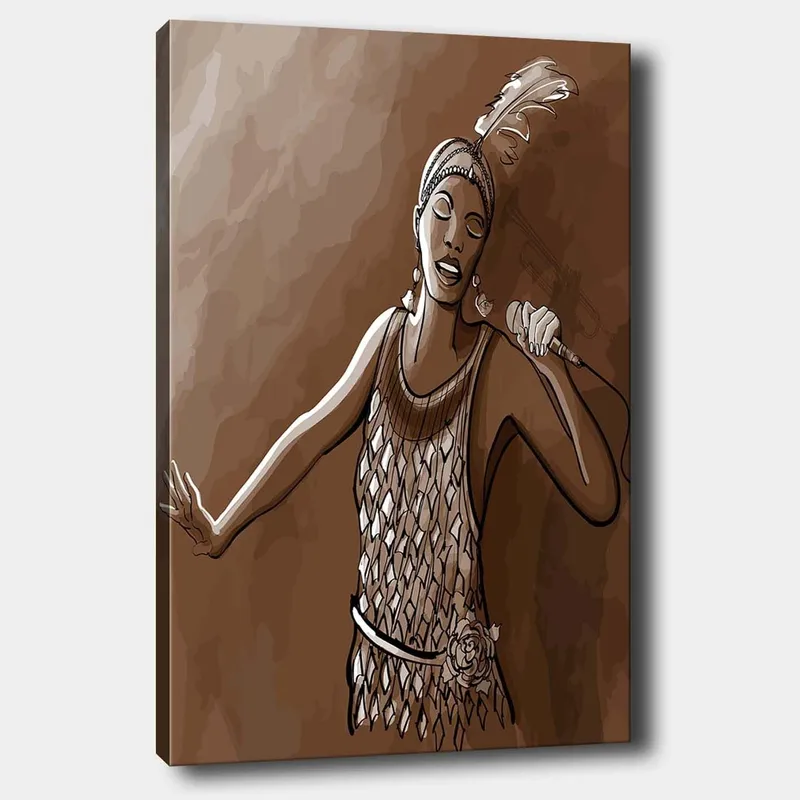 Canvastavla 70x100 cm - Sångerska i en glittrig klänning som framför en kraftfull sång, Brun / Beige / Vit