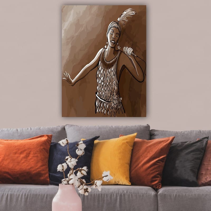 Canvastavla 70x100 cm - Sångerska i en glittrig klänning som framför en kraftfull sång - Brun / Beige / Vit - Inredning & dekor - Tavlor & konst - Canvastavla