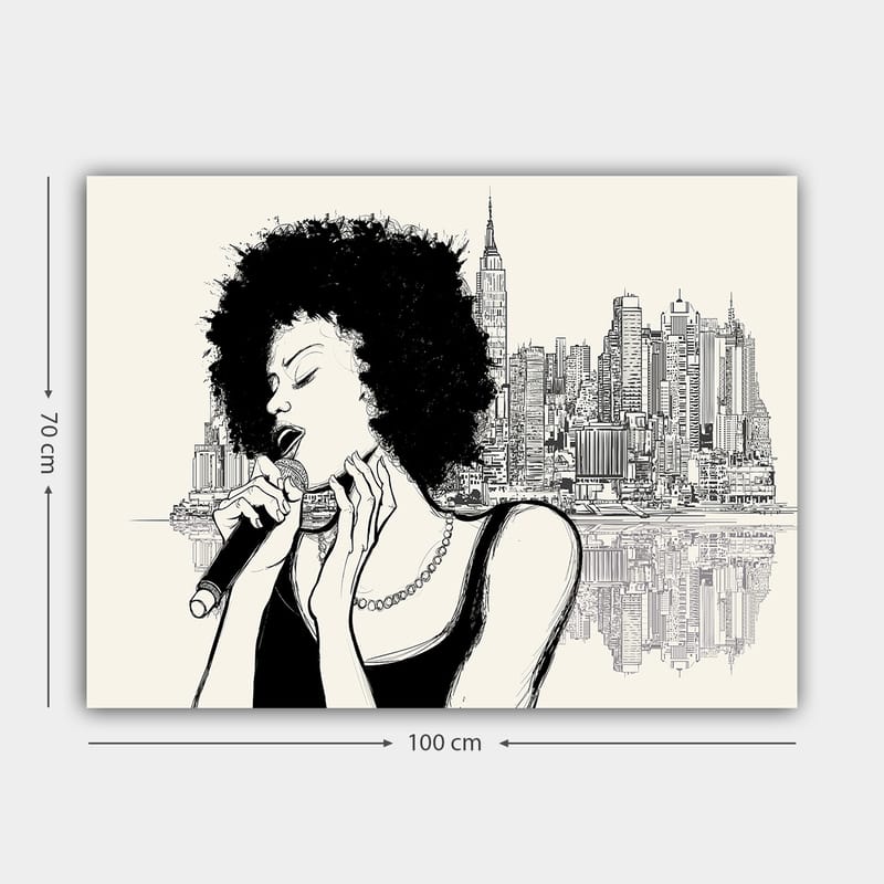 Canvastavla 70x100 cm - Sångerska med afrohår som framträder framför en stadssilhuett - Svart / Beige - Inredning & dekor - Tavlor & konst - Canvastavla