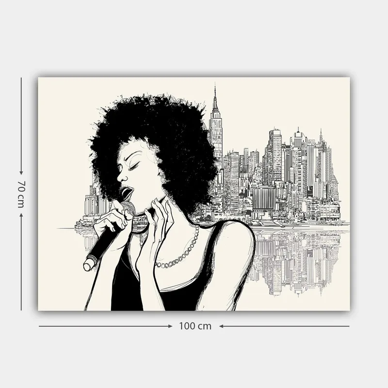 Canvastavla 70x100 cm - Sångerska med afrohår som framträder framför en stadssilhuett - Svart / Beige - Inredning & dekor - Tavlor & konst - Canvastavla