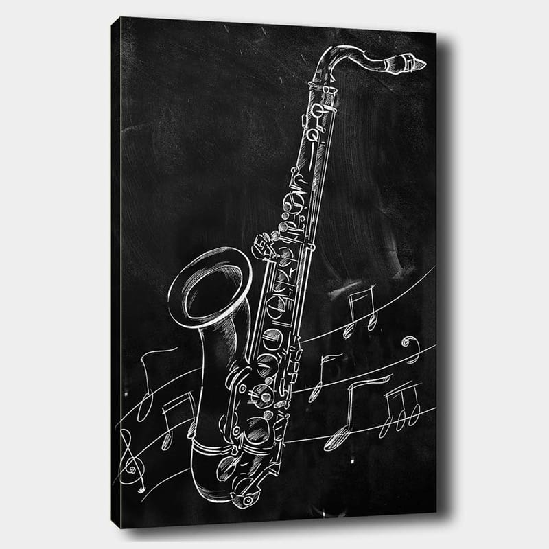 Canvastavla 70x100 cm - Saxofon omgiven av musiknoter på en svart bakgrund - Vit / Svart - Inredning & dekor - Tavlor & konst - Canvastavla
