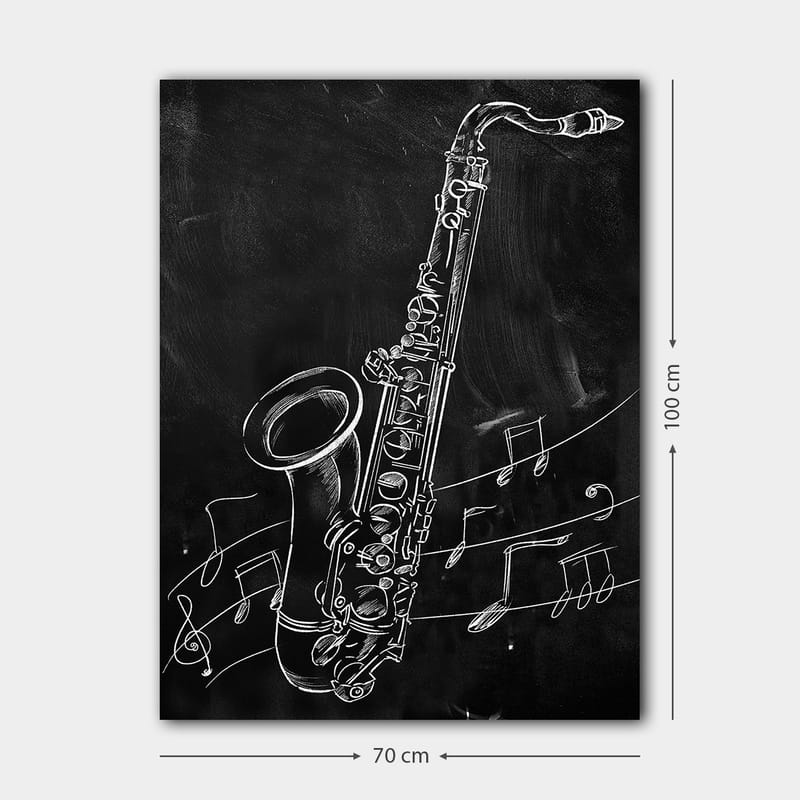 Canvastavla 70x100 cm - Saxofon omgiven av musiknoter på en svart bakgrund - Vit / Svart - Inredning & dekor - Tavlor & konst - Canvastavla