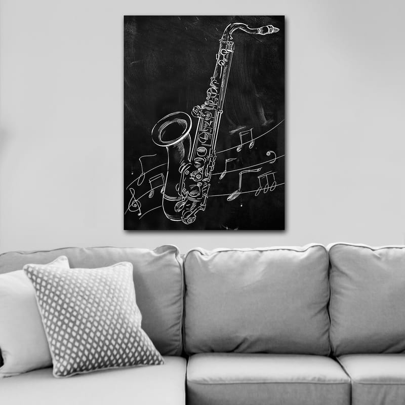Canvastavla 70x100 cm - Saxofon omgiven av musiknoter på en svart bakgrund - Vit / Svart - Inredning & dekor - Tavlor & konst - Canvastavla