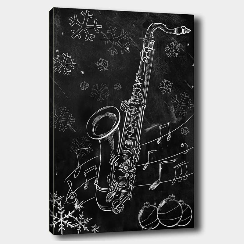 Canvastavla 70x100 cm - Saxofon omgiven av snöflingor och musiknoter i en vinterlig atmosfär - Vit / Svart / Grå - Inredning & dekor - Tavlor & konst - Canvastavla
