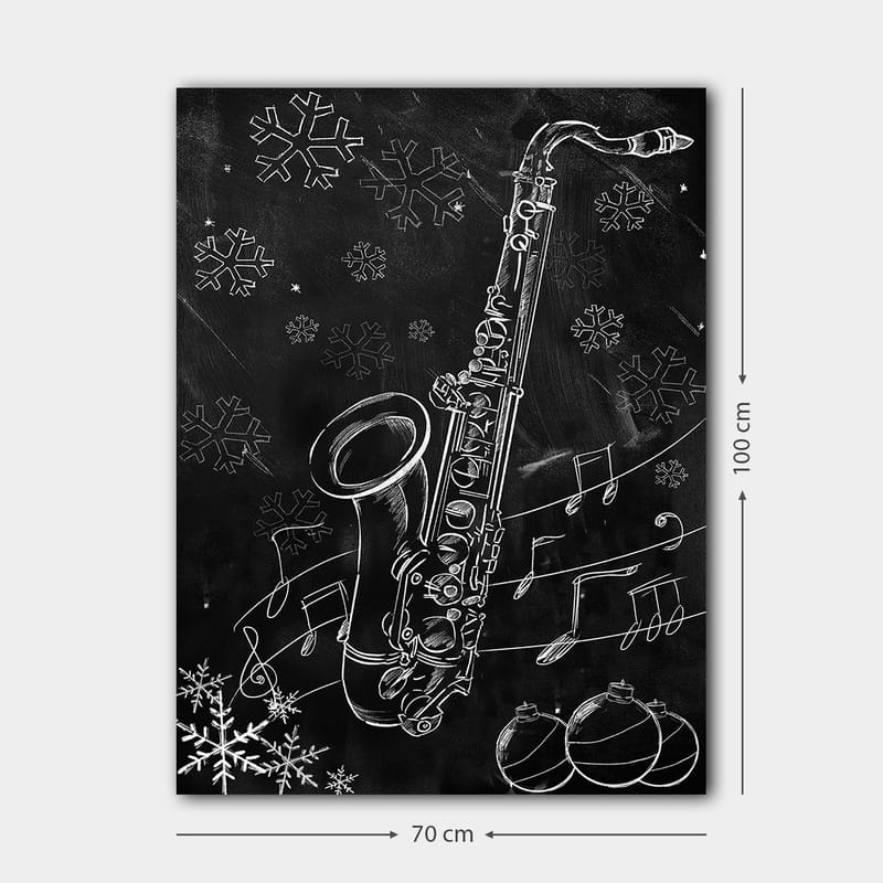 Canvastavla 70x100 cm - Saxofon omgiven av snöflingor och musiknoter i en vinterlig atmosfär - Vit / Svart / Grå - Inredning & dekor - Tavlor & konst - Canvastavla