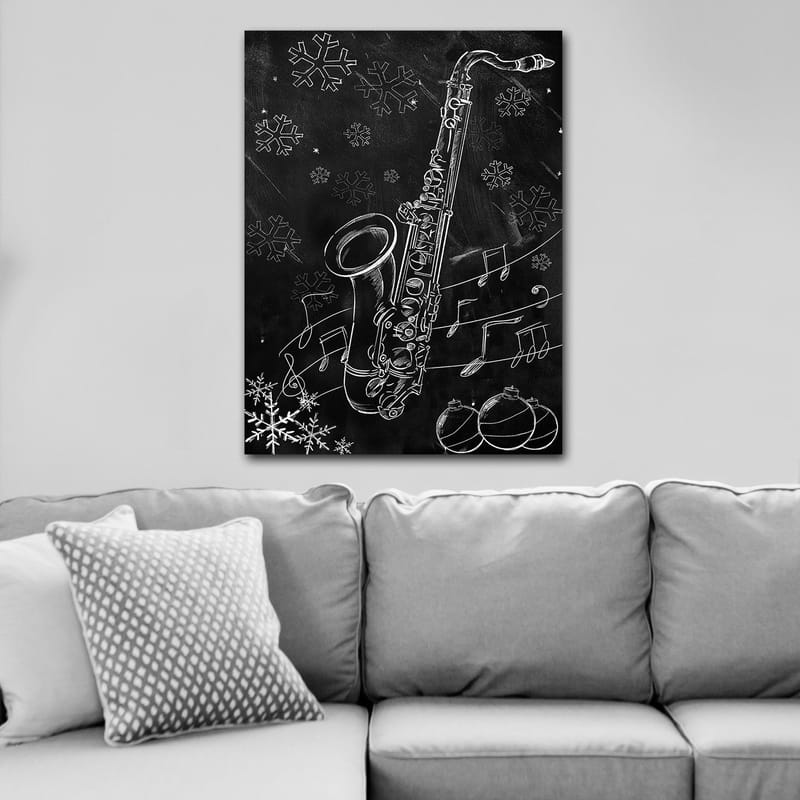 Canvastavla 70x100 cm - Saxofon omgiven av snöflingor och musiknoter i en vinterlig atmosfär - Vit / Svart / Grå - Inredning & dekor - Tavlor & konst - Canvastavla