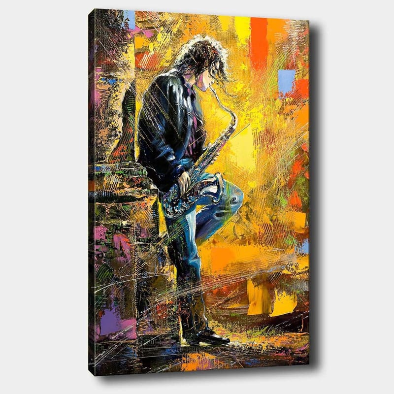 Canvastavla 70x100 cm - Saxofonist som spelar med passion i en färgsprakande miljö, Gult / Blått / Svart