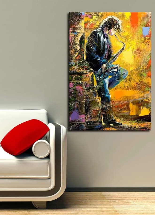 Canvastavla 70x100 cm - Saxofonist som spelar med passion i en färgsprakande miljö - Gult / Blått / Svart - Inredning & dekor - Tavlor & konst - Canvastavla