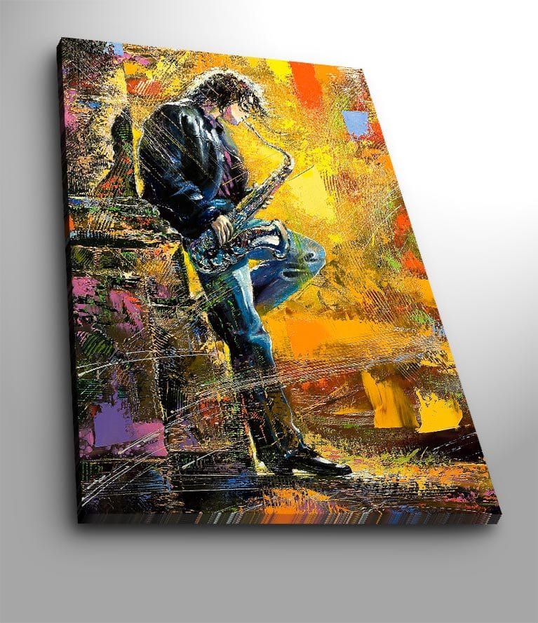 Canvastavla 70x100 cm - Saxofonist som spelar med passion i en färgsprakande miljö - Gult / Blått / Svart - Inredning & dekor - Tavlor & konst - Canvastavla