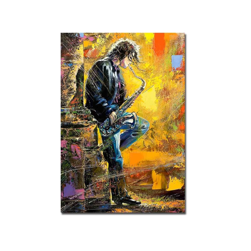 Canvastavla 70x100 cm - Saxofonist som spelar med passion i en färgsprakande miljö - Gult / Blått / Svart - Inredning & dekor - Tavlor & konst - Canvastavla