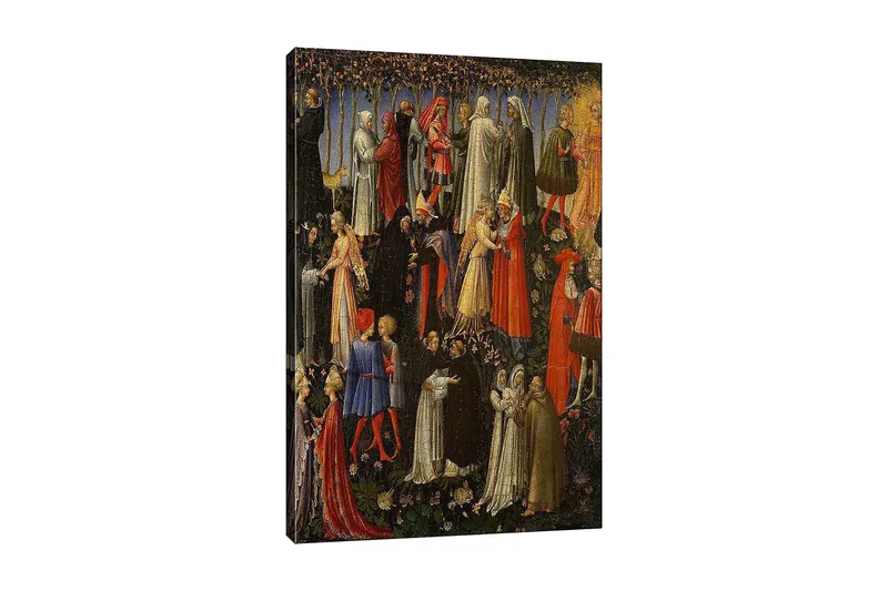 Canvastavla 70x100 cm - Scen med flera personer i medeltida kläder som interagerar i en trädgårdsmiljö - Röd / Vit / Svart - Inredning & dekor - Tavlor & konst - Canvastavla