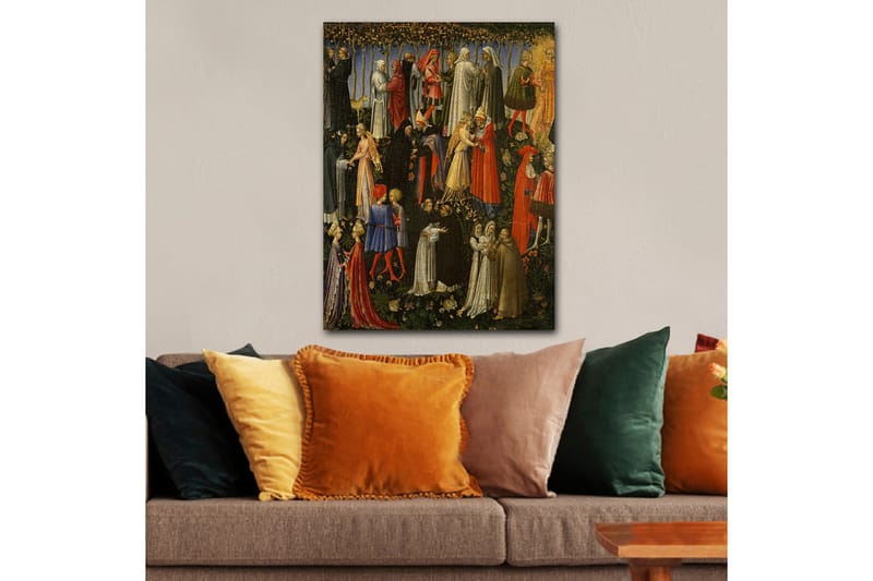 Canvastavla 70x100 cm - Scen med flera personer i medeltida kläder som interagerar i en trädgårdsmiljö - Röd / Vit / Svart - Inredning & dekor - Tavlor & konst - Canvastavla