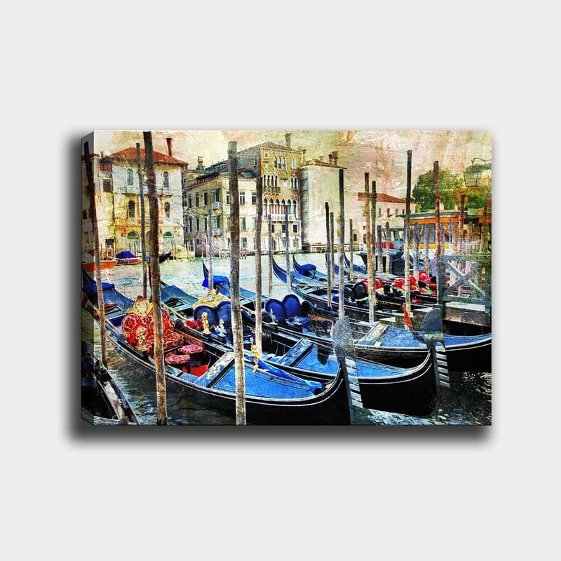 Canvastavla 70x100 cm - Scen med gondoler i en venetiansk kanal, omgiven av historiska byggnader, Blå / Röd / Svart