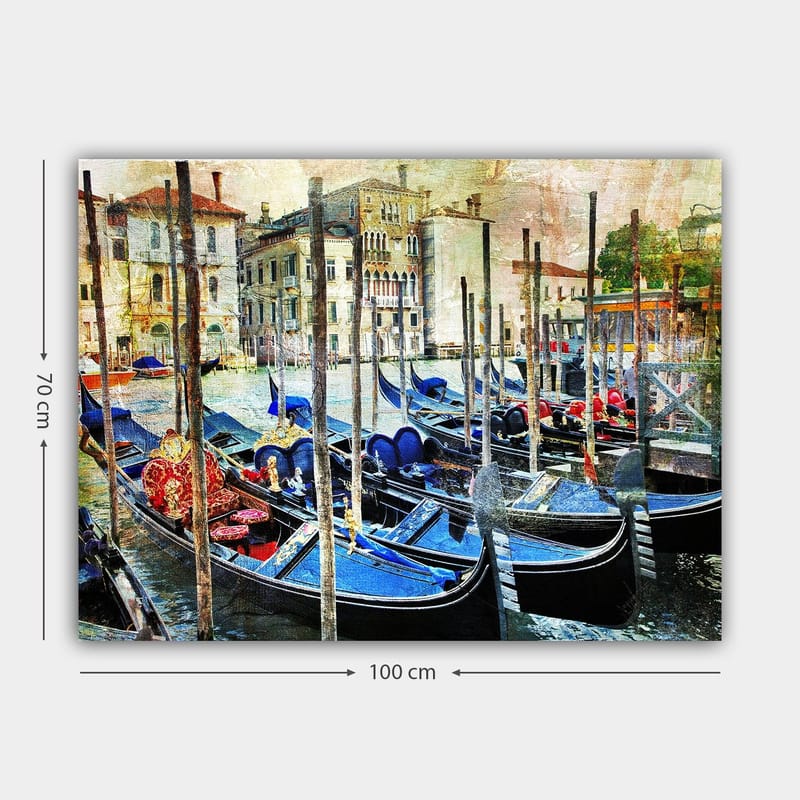 Canvastavla 70x100 cm - Scen med gondoler i en venetiansk kanal, omgiven av historiska byggnader - Blå / Röd / Svart - Inredning & dekor - Tavlor & konst - Canvastavla