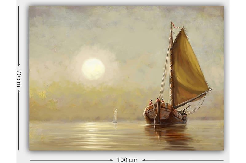 Canvastavla 70x100 cm - Segelbåt med bruna detaljer och en stor gul segel i en stilla sjö under en mjuk soluppgång - Gul / Brun / Beige - Inredning & dekor - Tavlor & konst - Canvastavla