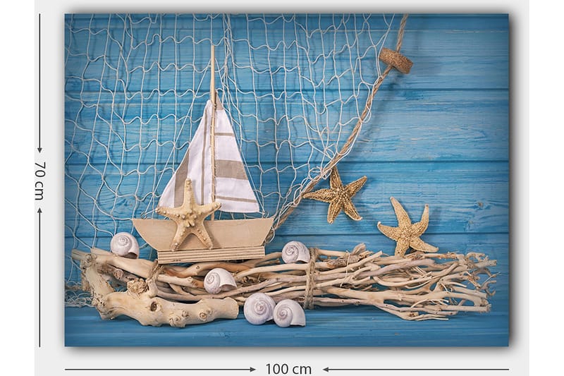 Canvastavla 70x100 cm - Segelbåt med stjärnformade sjöstjärnor och snäckor på en träig bas, mot en blå bakgrund - Blå / Beige / Vit - Inredning & dekor - Tavlor & konst - Canvastavla
